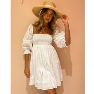 Faithfull the Brand Arles White Smocked Puffed Sleeve Dress
